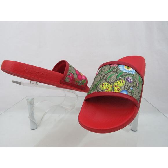 GUCCI 602096 GG SUPREME BLUM RED LEATHER CANVAS FLORAL SANDALS SLIDES 35 US 5 - Picture 10 of 12
